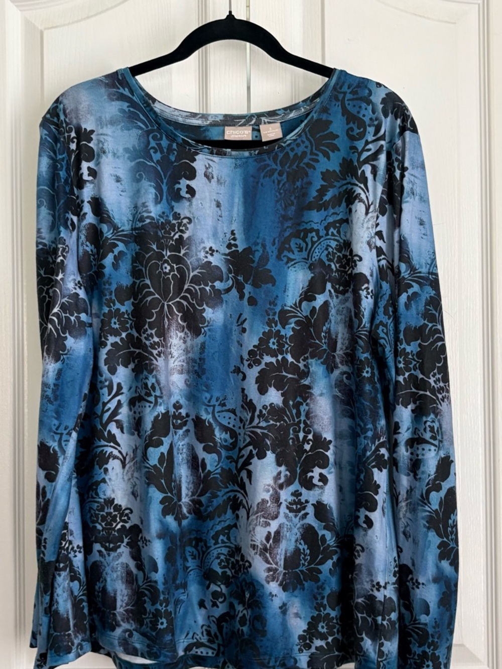 Chico's Blue and Black Floral-Print Long Sleeve Top, Chicos 3